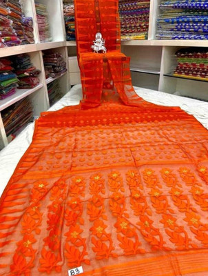 Soma Tant saree Mahal Self Design, Woven, Geometric Print Handloom Cotton Silk Saree(Orange)