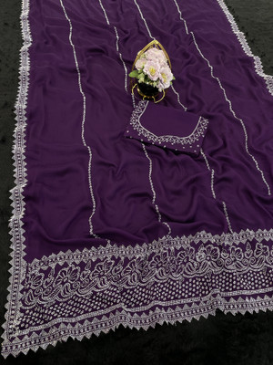 VarniRaaj Fashion Embellished Bollywood Pure Silk Saree(Purple)