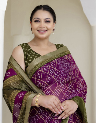 Samah Printed, Embellished Bandhani Chiffon, Georgette Saree(Pack of 2, Green, Purple)
