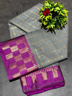 JbWorld Self Design, Woven, Checkered Chettinadu Cotton Silk, Pure Silk Saree(Grey, Purple)