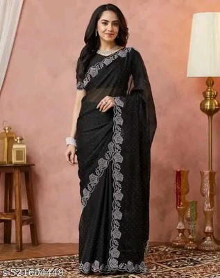Kathiyawad Embroidered, Embellished, Floral Print, Self Design, Woven Assam Silk Georgette Saree(Black)