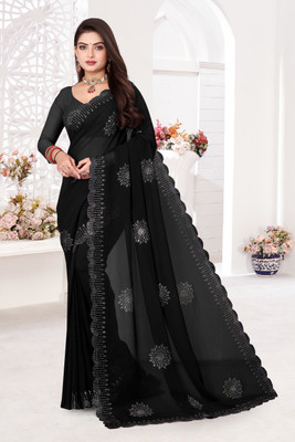 Tejanient Self Design Assam Silk Georgette Saree(Black)
