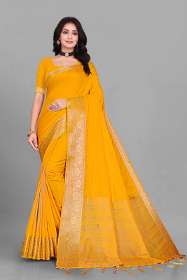 Aarunika BS Solid/Plain Bollywood Pure Silk Saree(Yellow)