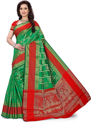 JS Clothing Mart Printed Banarasi Silk Blend Saree(Green)