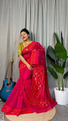 Pasum's Embroidered, Self Design Jamdani Pure Cotton Saree(Magenta, Pink, Red)