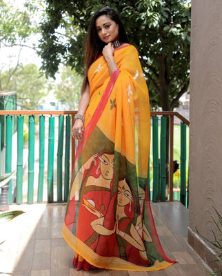 Anjaneya Sarees Printed Bollywood Linen Saree(Yellow)