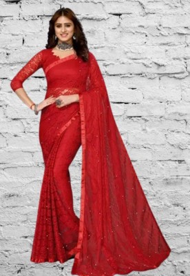 Fashion Field Solid/Plain Bollywood Net Saree(Red)