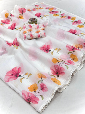 SDGRATITUDE Digital Print, Printed, Floral Print Daily Wear Linen, Cotton Linen Saree(White)