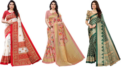 Nirvaan Printed Bhagalpuri Art Silk Saree(Pack of 3, Red, Pink, Dark Green)