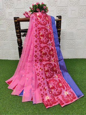 S G TEXTILE Polka Print Jamdani Cotton Silk Saree(Pink)