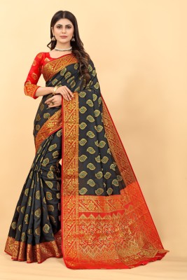 Rupatika Woven Banarasi Cotton Silk Saree(Red, Black)