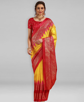Divastri Printed Pochampally Silk Blend Saree(Yellow, Red)