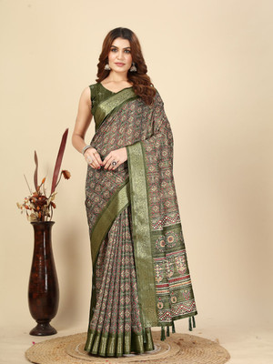 HouseOfCommon Blocked Printed Mysore Art Silk Saree(Green)