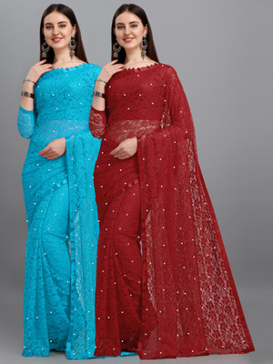 LOROFY Self Design Bollywood Net Saree(Pack of 2, Maroon, Light Blue)