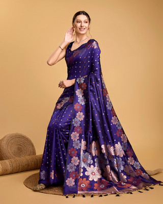 GajGajra Woven, Floral Print Banarasi Pure Silk Saree(Purple)