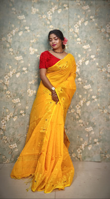 Monitextile Self Design Handloom Cotton Silk Saree(Yellow)