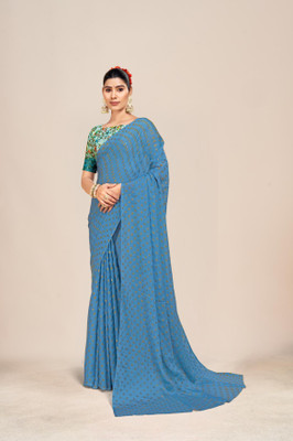 Sanskriti Synthetics Floral Print Handloom Chiffon Saree(Light Blue)
