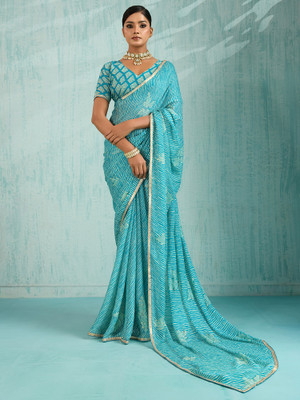 ANOUK Printed Leheria Chiffon Saree(Light Blue)