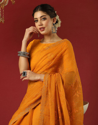 Samah Embroidered, Solid/Plain Bollywood Jimmy choo, Chiffon Saree(Yellow)