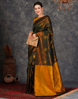 Sangria Woven, Self Design Banarasi Silk Blend Saree(Dark Green, Mustard)