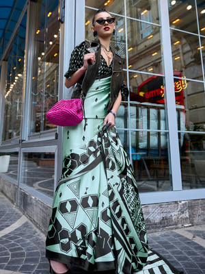 Tasrika Printed Hand Batik Satin Saree(Light Green)