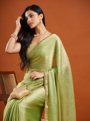 OMICRON FAB Solid/Plain Bollywood Chiffon Saree(Green)