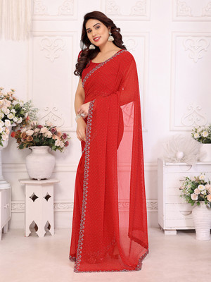 HouseOfCommon Embellished, Self Design Bollywood Georgette, Chiffon Saree(Red)
