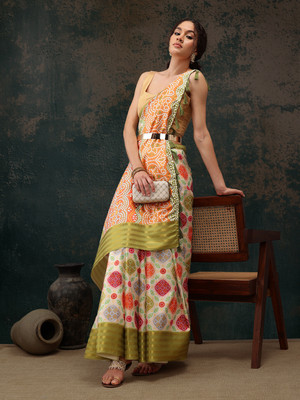 Divastri Digital Print Bandhani Silk Blend Saree(Multicolor)