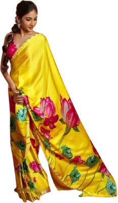 JATADHAR FAB Floral Print Bollywood Organza Saree(Yellow)