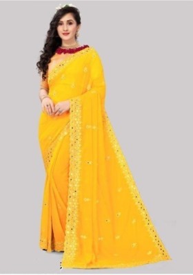 MA FASHION Self Design Bollywood Net Saree(Yellow)