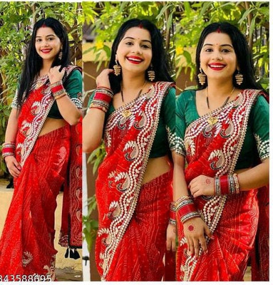 Shubh Bella Printed Chanderi Georgette Saree(Red)