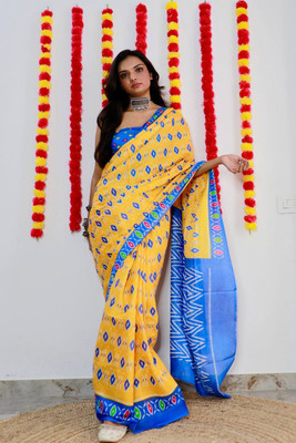 JASU CREATION Printed Ikkat Pure Cotton Saree(Yellow)