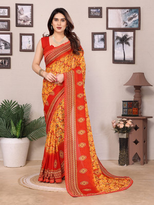 Moda Rapido Printed Bollywood Georgette Saree(Yellow, Red)