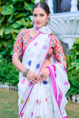 Vinayak Textile Printed Bollywood Linen Saree(White)