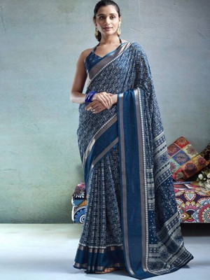 HouseOfCommon Printed Bollywood Art Silk, Silk Blend Saree(Blue)