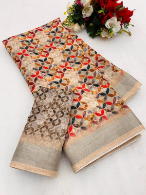 SANJEVAY Printed Assam Silk Art Silk Saree(Cream)