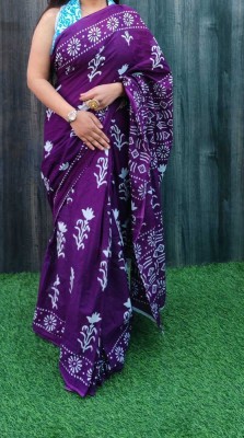 COTTON MULMUL STORE Printed, Blocked Printed, Floral Print, Color Block, Hand Painted, Dyed Daily Wear Pure Cotton Saree(Purple)