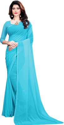 FANCYNINE Solid/Plain Bollywood Georgette Saree(Light Blue)