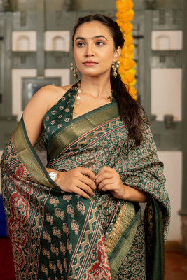 MIRCHI FASHION Printed Bhagalpuri Art Silk Saree(Dark Green, Cream, Maroon)