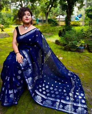 RM CREATION Self Design Handloom Handloom Cotton Silk Saree(Dark Blue)