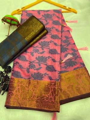 Shivaarya Floral Print, Woven Kanjivaram Cotton Silk, Jacquard Saree(Pink)