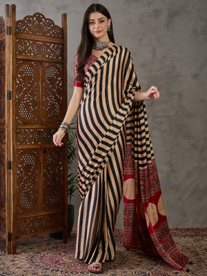 HouseOfCommon Striped, Digital Print Bollywood Silk Blend Saree(Black, Cream)