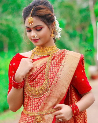 VADTALWALA Self Design Banarasi Jacquard Saree(Red, Gold)