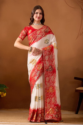 BHAGYAVATI DESIGNER Woven Banarasi Cotton Silk Saree(White, Red)