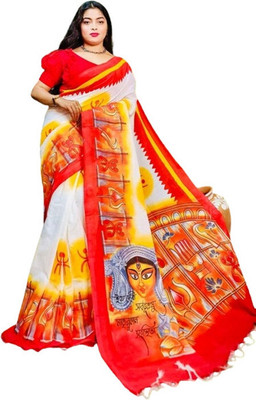 GOLU Printed Handloom Handloom Cotton Blend Saree(Red)