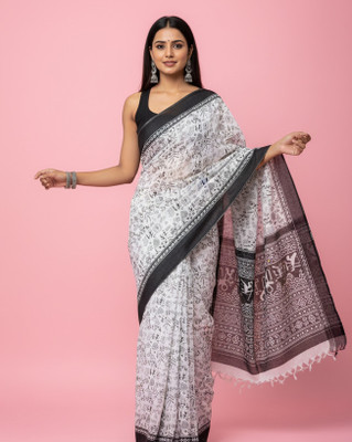 srirohinisilks Printed, Woven Banarasi Art Silk Saree(White, Black)