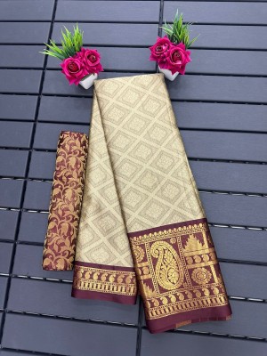 Julee Self Design Banarasi Cotton Silk Saree(Brown, Beige)