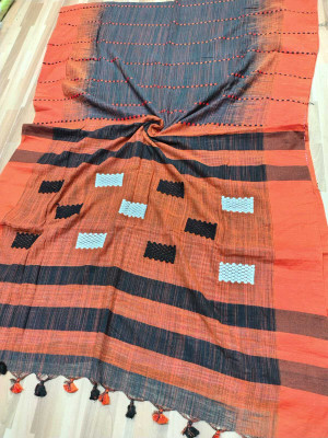 nebadita Striped, Woven, Color Block Handloom Cotton Jute Saree(Multicolor)