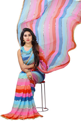 GAVUBAA Striped, Digital Print, Embroidered Bollywood Georgette Saree(Multicolor)