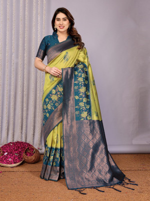 VASTUKALA Woven Kanjivaram Pure Silk, Art Silk Saree(Yellow, Blue)